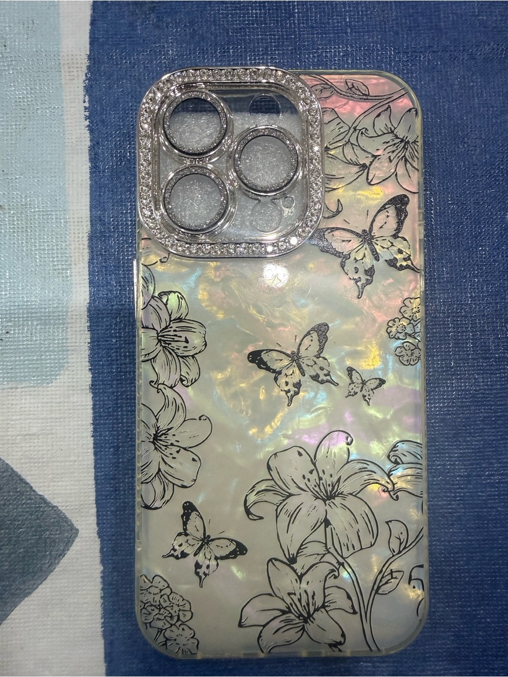Holographic Pearl Butterfly Floral Phone Case with Rhinestone Camera Frame